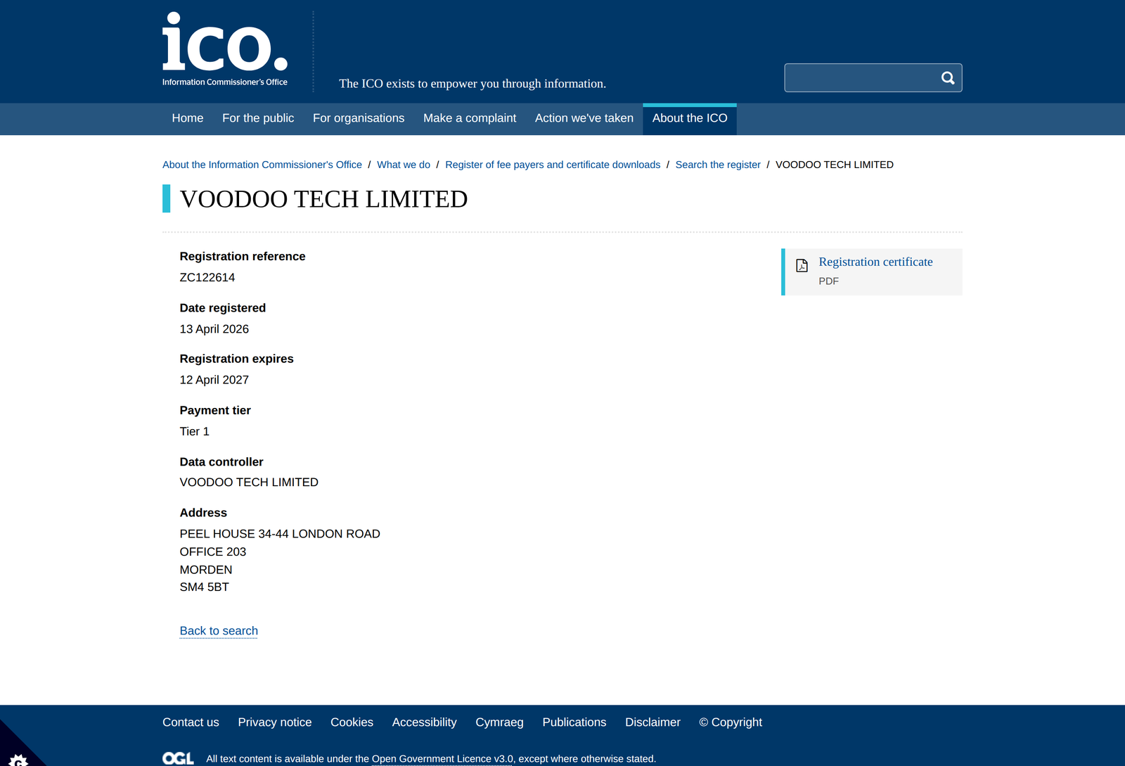 Ficha del registro público de la ICO para VOODOO TECH LIMITED con la referencia ZC122614, registrada el 13 de abril de 2026