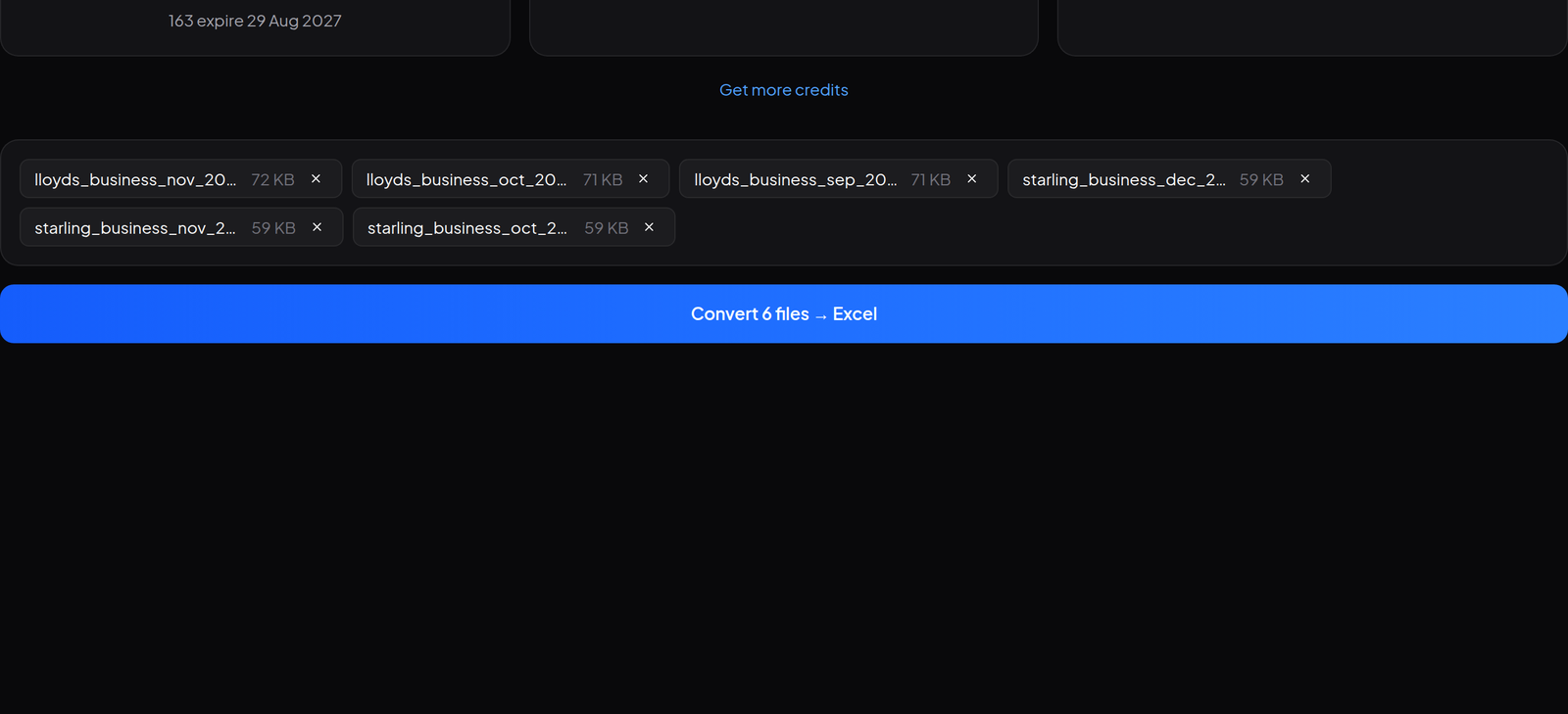 Seis extractos bancarios en PDF en cola para convertir, tres de Lloyds y tres de Starling