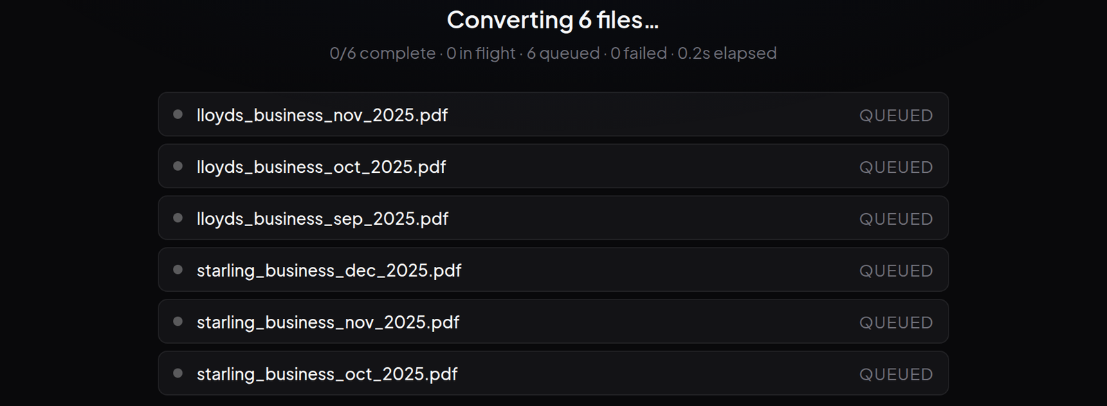 Conversion progress screen showing six PDF bank statements being converted to Excel files in seconds