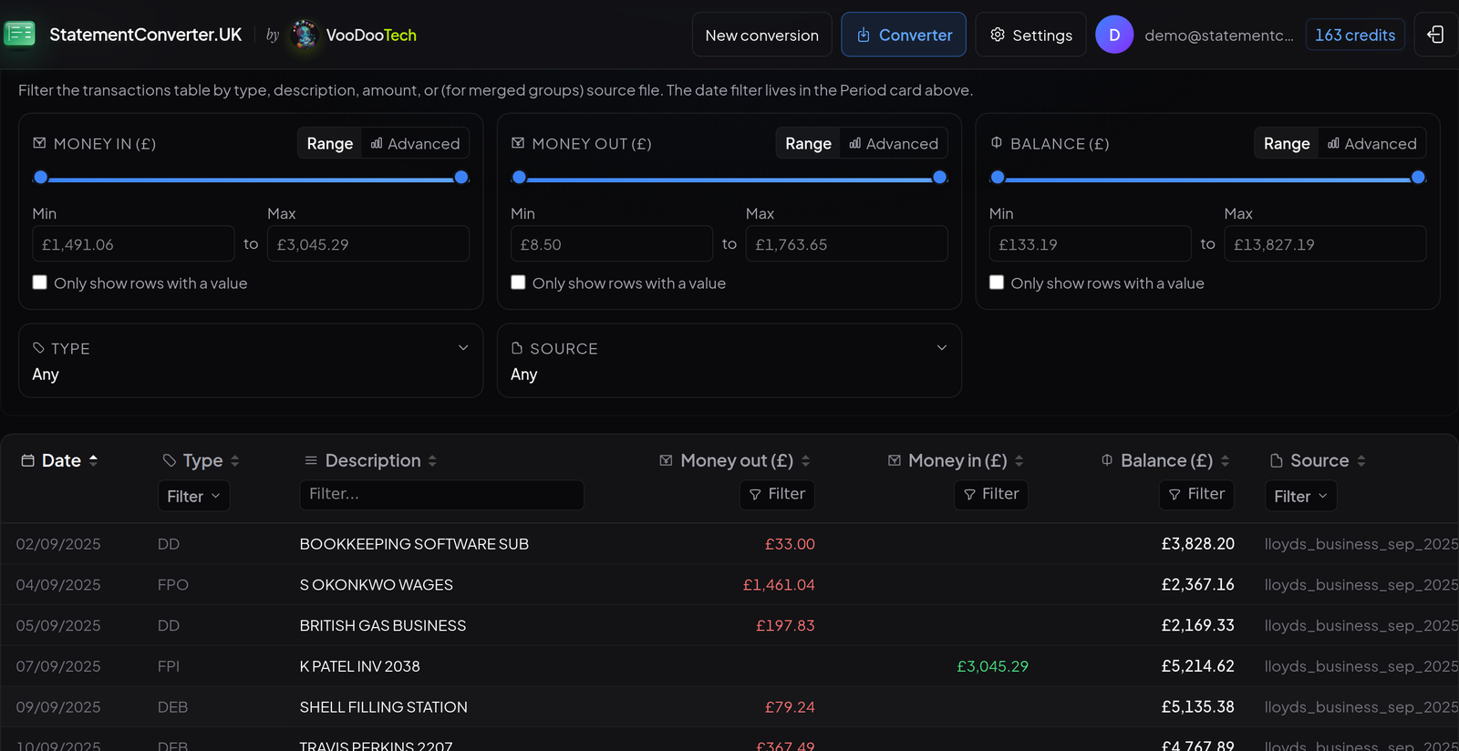 Filter and sort panel with amount range sliders for money in, money out and balance, plus type and source file filters