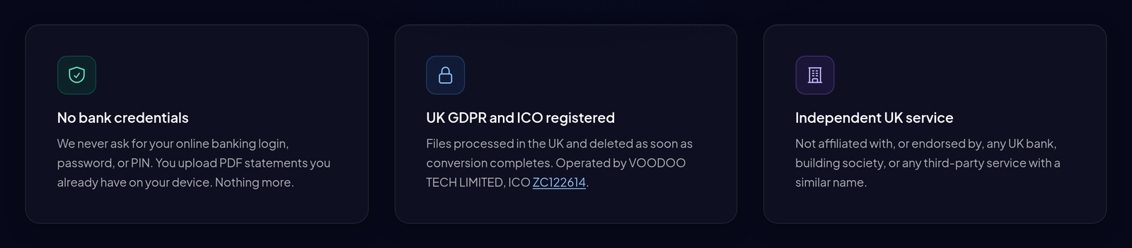 Trei carduri despre protecția datelor: fără parole bancare, înregistrat la ICO și conform GDPR britanic, serviciu britanic independent